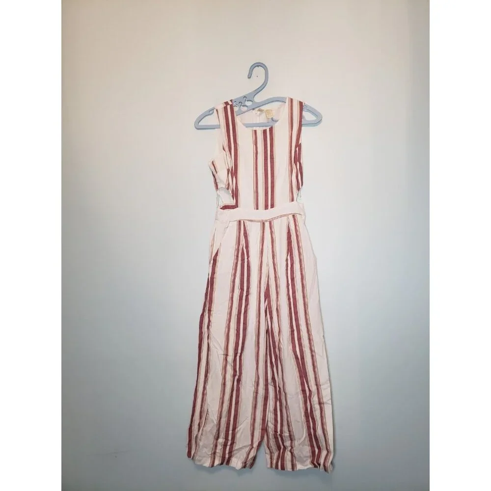 Japna Women S Jumpsuit Red Stripe Linen Cotton Blend Cutout Side Coastal Cropped - Picture 1 of 6